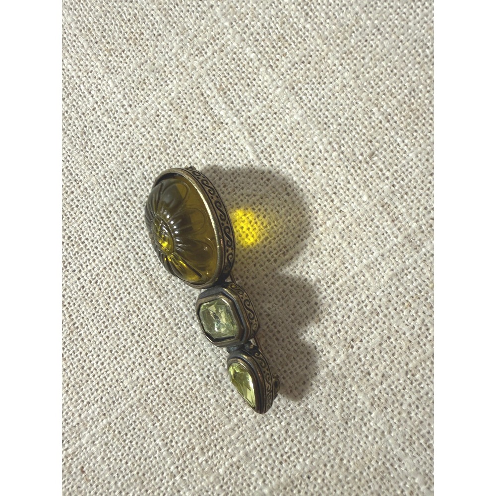Vintage Style Bronze Olive Green etched Carved Floral Intaglio Brooch Pin 2 Inch